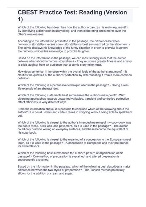 CBEST Practice Test: Reading (Version 1) - CBEST P - Stuvia US