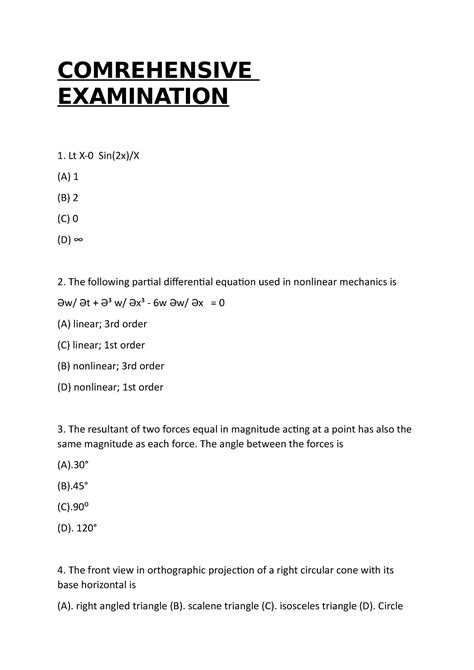Comprehensive Examination - COMREHENSIVE EXAMINATION Lt X-0 Sin(2x)/X ...