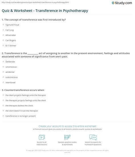 Quiz & Worksheet - Transference in Psychotherapy | Study.com ...