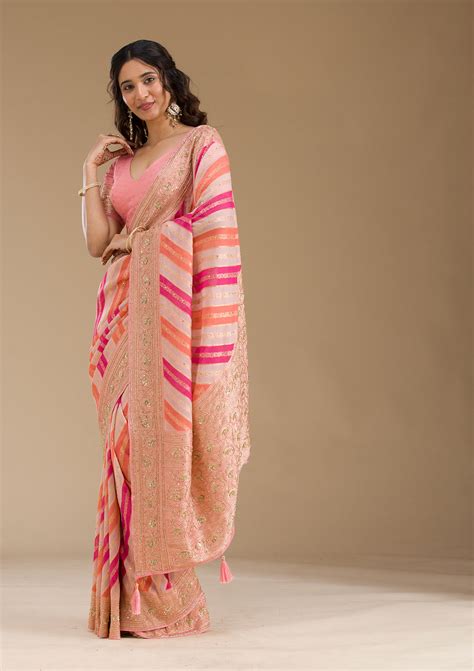 Buy Pink Plain Georgette Saree - Koskii
