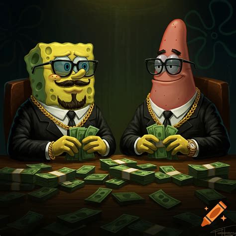 SpongeBob and Patrick in suits, chains, and shades count piles of money ...