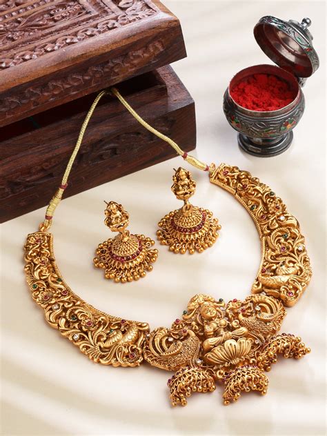 Gold-Plated Red & Green Stone-Studded Temple Jewellery Set – Panash Jewels