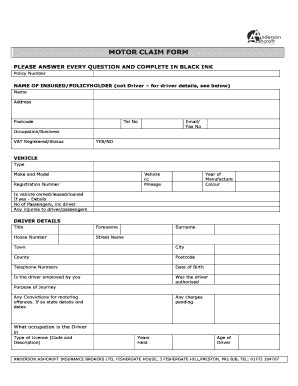 Fillable Online MOTOR CLAIM FORM version II - Anderson Ashcroft Fax ...
