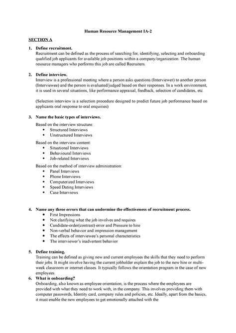 HRM IA 2 - Human Resource Management IA- SECTION A 1. Define ...