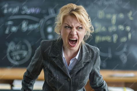 Angry female teacher in front of blackboard Frustration in education ...