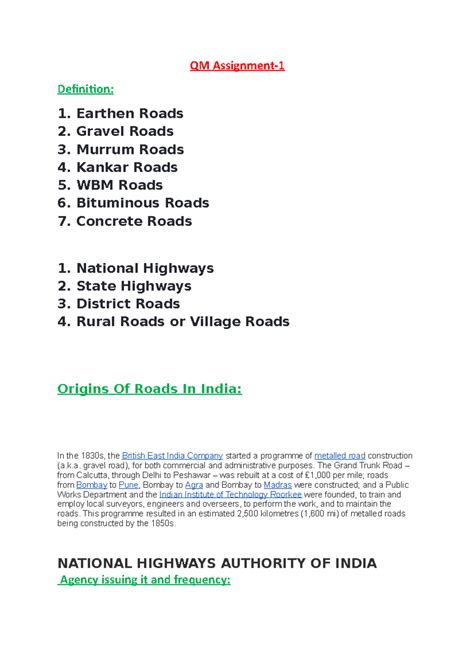 Adip QM Assignment-1: Overview of Road Systems in India - Studocu