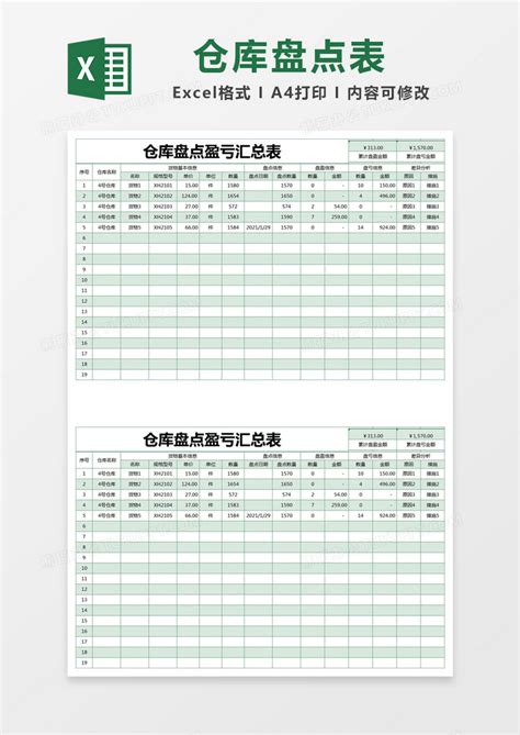 绿色简约仓库盘点盈亏汇总表模版Excel模板下载_熊猫办公