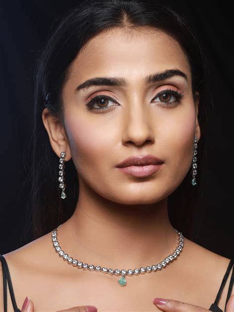 Priyaasi Mint Green AD Silver-Plated Jewellery Set