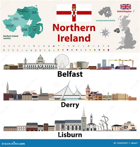 Northern Ireland Counties Map and Largest Cities Skylines. Vector Set ...