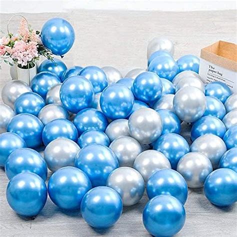 AMFIN® 10 Inch Blue & Silver Metallic Balloons with Matching Ribbon for ...