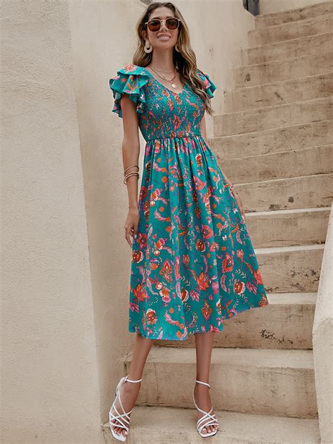 Shop Blue All Over Print Fit And Flare Midi Dress - for Women | OUTZIDR ...