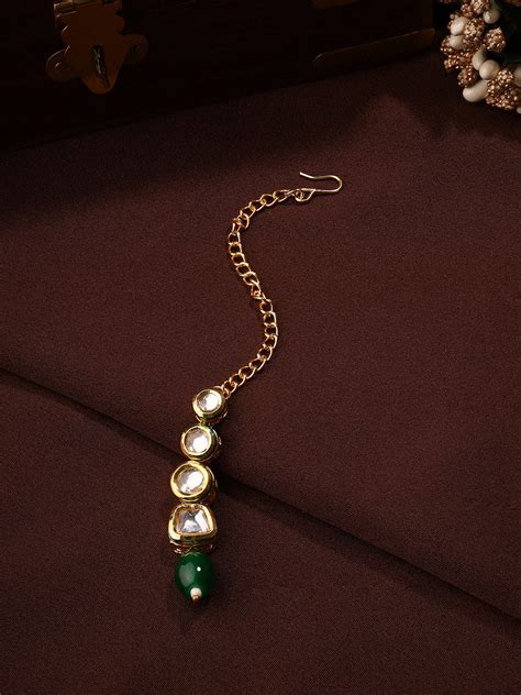 Priyaasi A Symphony Kundan Maangtika with Gold Plated and Green Stone