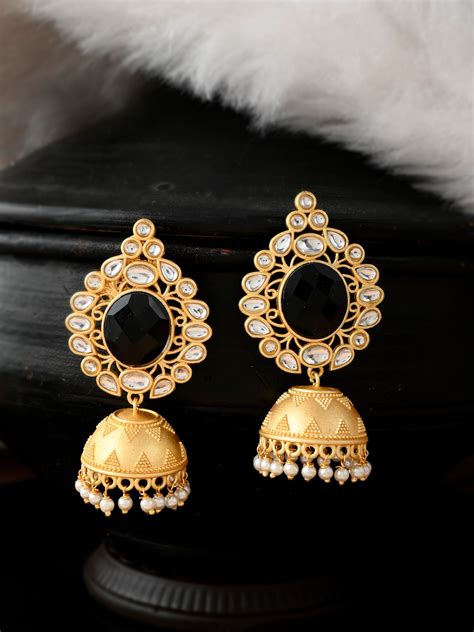 Buy Gold Plated & Black Stone Studded Handcrafted Jhumkas for Women ...