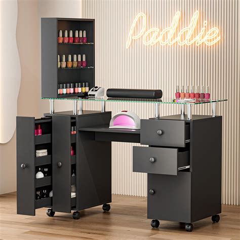 Amazon.com: Paddie Manicure Table, Glass Top Nail Tech Table Nail Desk ...