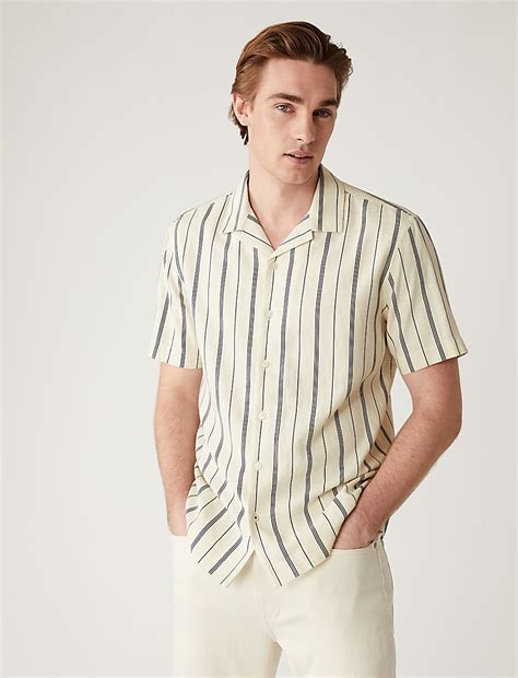 Buy Linen Blend Striped Cuban Collar Shirt at Marks & Spencer