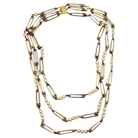 MOSCHINO Vintage Multi-Strand Gold Tone Safety Pin and Pearl Necklace ...