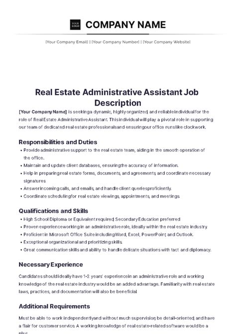 Free Real Estate Administrative Assistant Job Description Template to ...