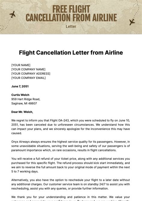 Flight Cancellation Letter from Airline Template - Edit Online ...