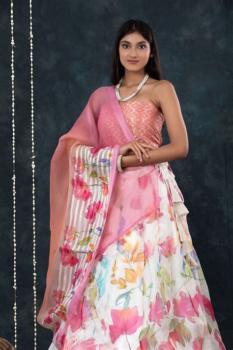 Pink & White Floral Printed Organza Silk Lehenga – Chinaya Banaras