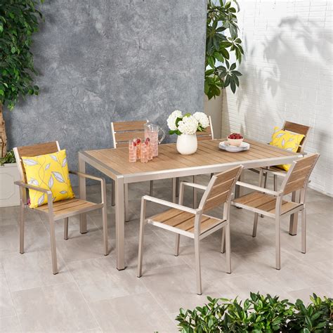 Gannon Outdoor Modern 6 Seater Aluminum and Faux Wood Dining Set ...