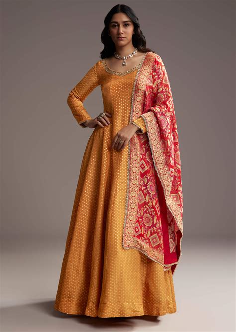 Buy Orange Tissue Anarkali Suit With Butti Work And Printed Silk ...