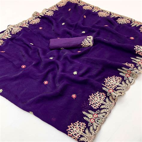 Violet Floral Embroidered Crepe Saree with Subtle Sequin Detailing