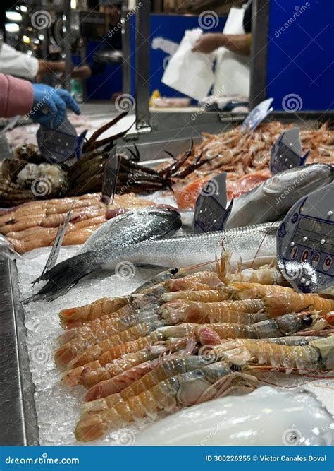 Market Stall at Spanish Fish Market. Counters with Fresh Fish Stock ...