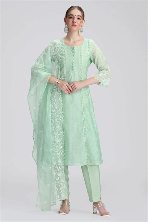 Mint Green Chanderi Embroidered A Line Kurta Pant and Dupatta Set ...