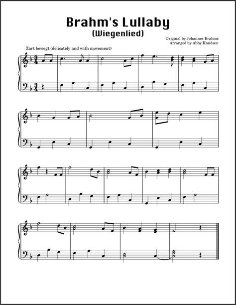 Brahm's Lullaby | Easy Piano Sheet Music - Printable PDF - Etsy