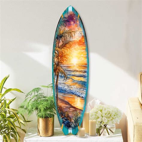 Nautical Decor - Golden Waves Surfboard Art – Handcrafted Wooden Ocean ...