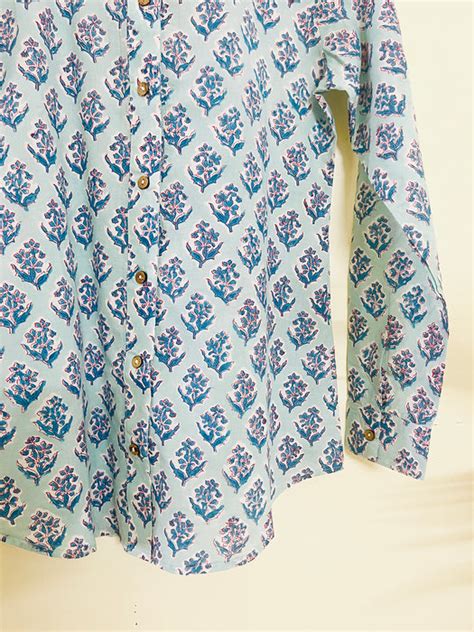 HAND-BLOCK PRINTED COTTON MULMUL SHIRT BLUE – The Pink Tint Store