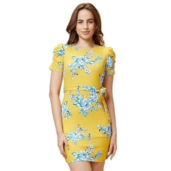 Globus Women Yellow Floral Print Puff Sleeves Round Neck Bodycon Mini ...
