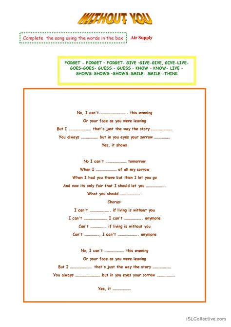 With out you song and nursery rhyme…: English ESL worksheets pdf & doc