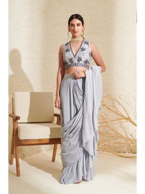 Buy FLAMINGO THE LABEL Aria Grey Ruffle Pre-Drape Saree with Stitched ...
