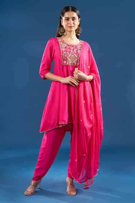 Buy Fuchsia Silk, Shantoon, Chiffon Embroidery, Beads, Lace Thread ...