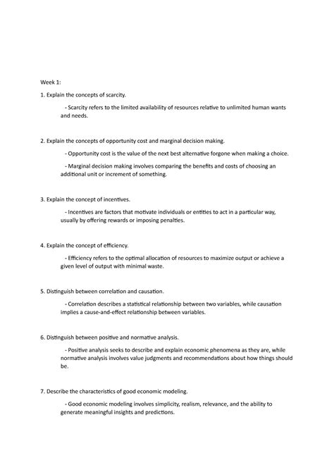 Econ summary - course outline with 2 sentence answers - Week 1: Explain ...