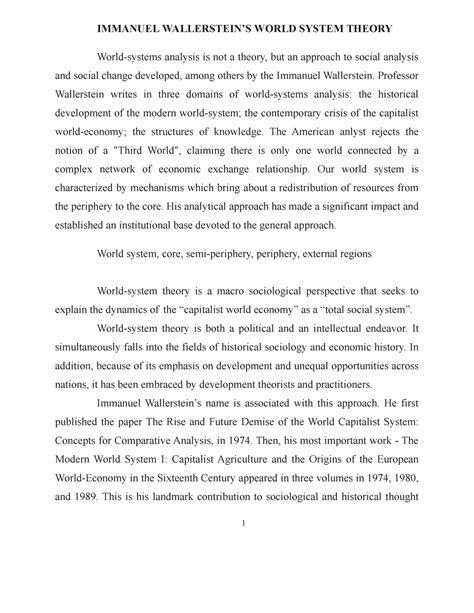 Immanuel Wallerstein’S World System Theory - IMMANUEL WALLERSTEIN’S ...