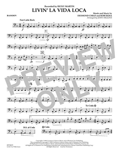 Livin' La Vida Loca (arr. John Higgins) - Bassoon by Ricky Martin Sheet ...