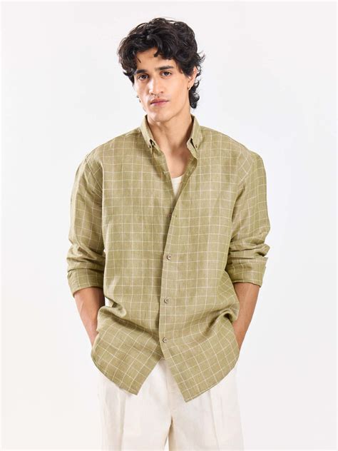 Buy Pale Green Checked Irish Linen Shirt Online at Best Price | 5Feet11