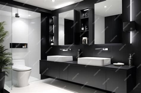 Premium Photo | Modern All Black Bathroom Design With White Bathroom ...