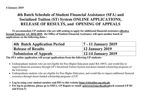 4th Batch Schedule of Student Financial Assistance (SFA) and Socialized ...