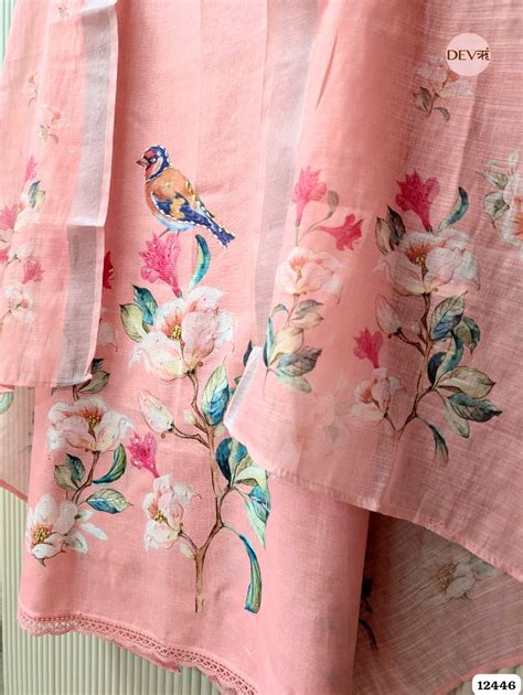 Peach Linen cotton Printed Unstitched 3-Piece Suit (Devri – D.No. 1244