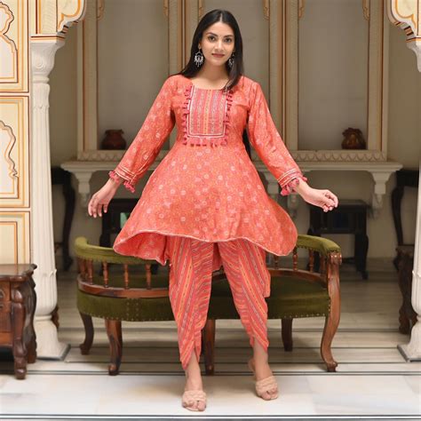 Peach Printed Muslin Kurti With Dhoti Set