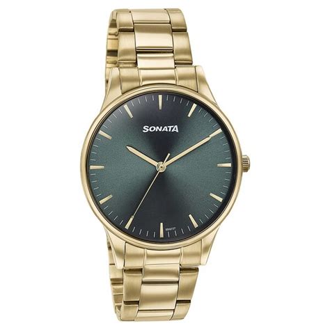 Buy Online Sonata Quartz Analog Green Dial Golden Stainless Steel Strap ...