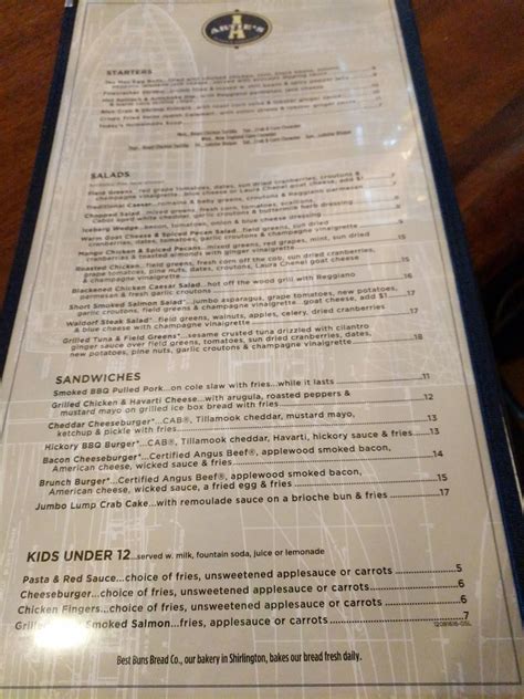 Menu at Artie's steakhouse, Fairfax