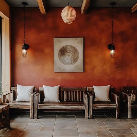 Rustic interior design with wooden benches and warm lighting | Premium ...