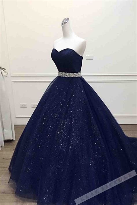 Sparkly dark blue tulle sequins prom dress, evening gown, princess prom ...