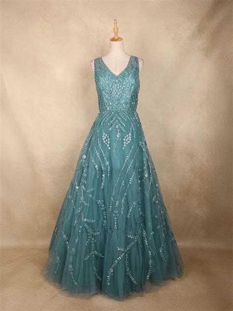 Aqua Green Floral Sequin Embroidered Net Gown with Dupatta | Diadem