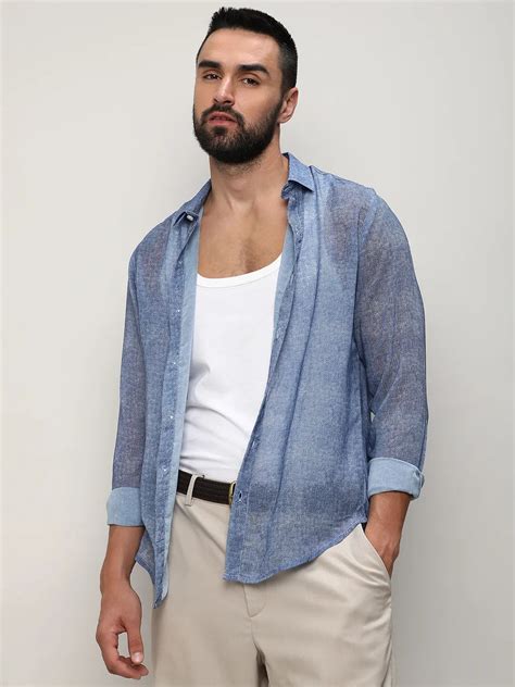 854 | Campus Sutra men's Prussian Blue Gauzy Heathered Shirt - Campussutra