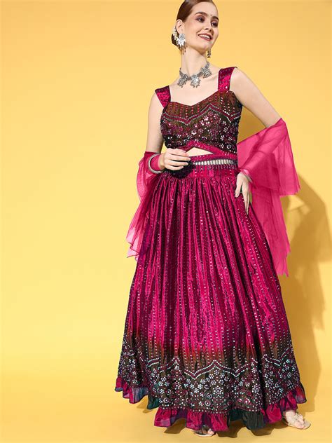 Magenta Sequin Embroidery Ombre Lehanga Set in Ruffled Chinon Crepe ...